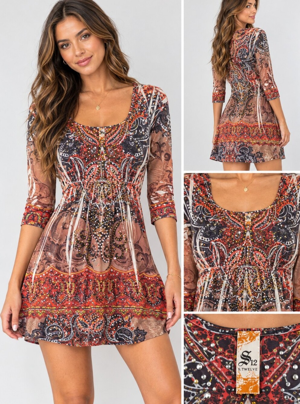 Paisley Rhinestone Embellished Boho Mini Dress Long Sleeve S